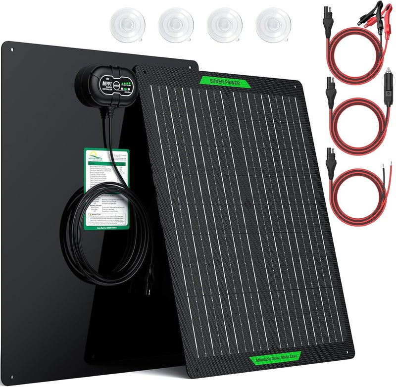 SUNER POWER Waterproof 50W 12V Solar Battery Charger & Maintainer PRO, Built-in UltraSmart MPPT Charge Controller, 12 Volt Solar Panel Trickle Charging Kits for Car Automotive Boat Marine RV Trailer - Image 1